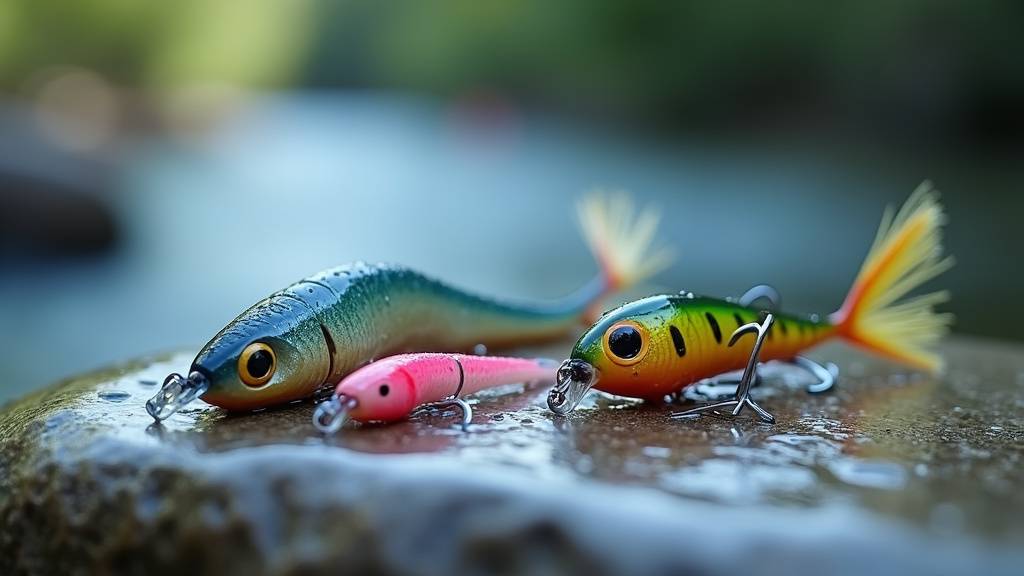 Pêcheur expérimenté tenant un leurre souple de truite dans sa main, avec des boîtes de leurres en arrière-plan