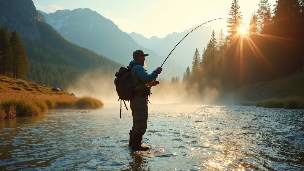 Pecheur en randonnee au bord d un torrent de montagne avec sac a dos et canne a peche