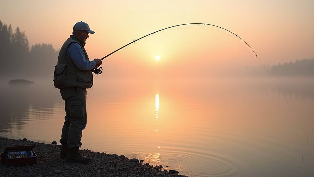Pêcheur sportif en action lançant sa canne au bord d'une rivière rapide à l'aube