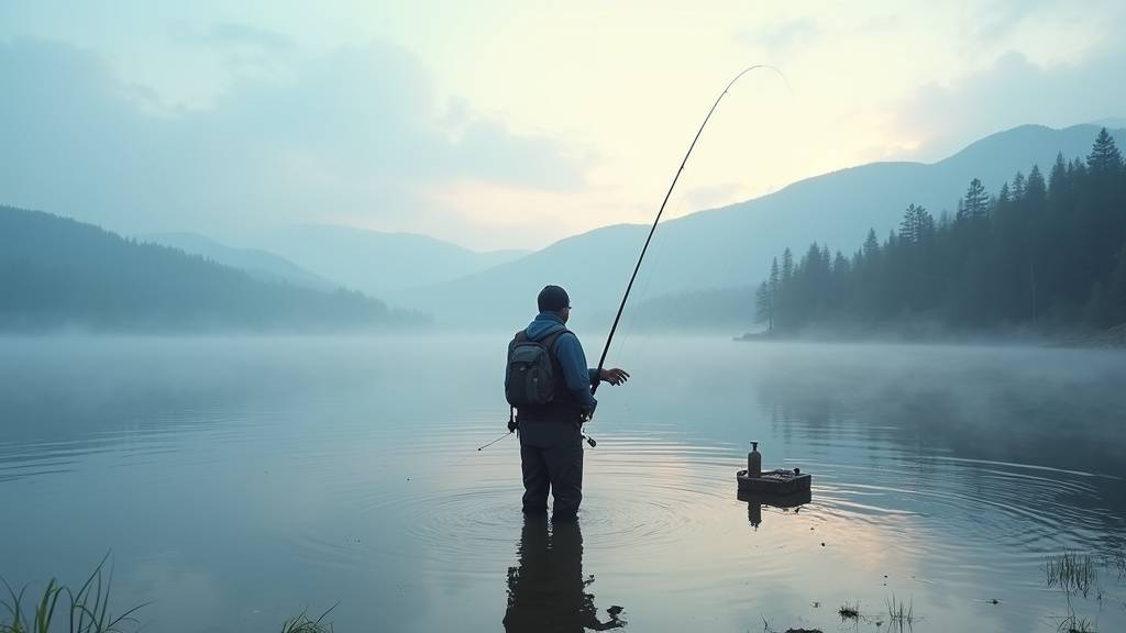 Pêcheur lançant au bord d'un étang verdoyant au printemps